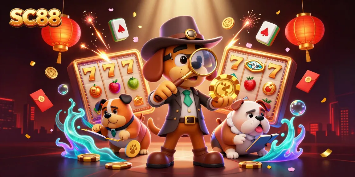 SC88 showcases a thrilling scene of a detective and bulldog exploring a jackpot clue amidst vibrant casino elements.