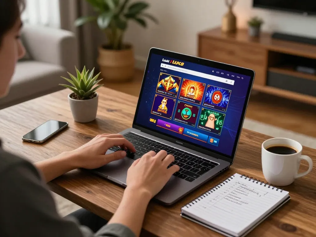 Engaging with Luck8 online casino on a laptop at home, emphasizing responsible gaming.