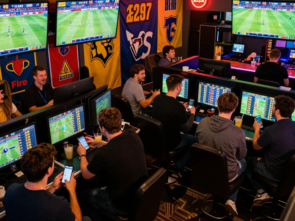 Excited bettors engaged in real-time sports betting at fly88's lively center.