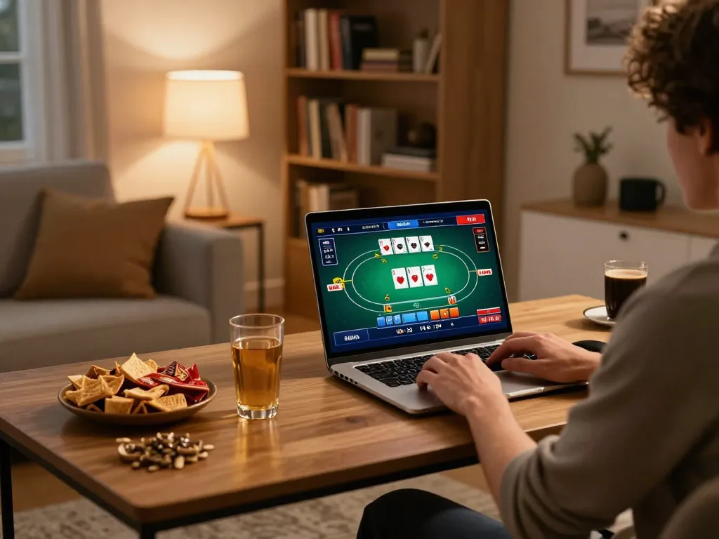 Fly88 player enjoying an online poker game on a laptop, snacks and drinks on the table, cozy gaming setup.