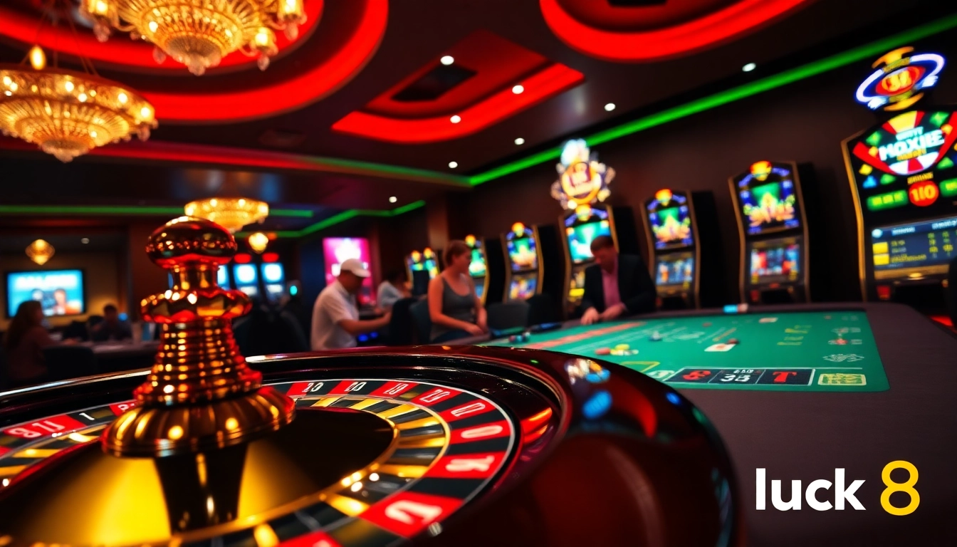 Engage in the thrill of luck8 with vibrant casino tables and excited players.