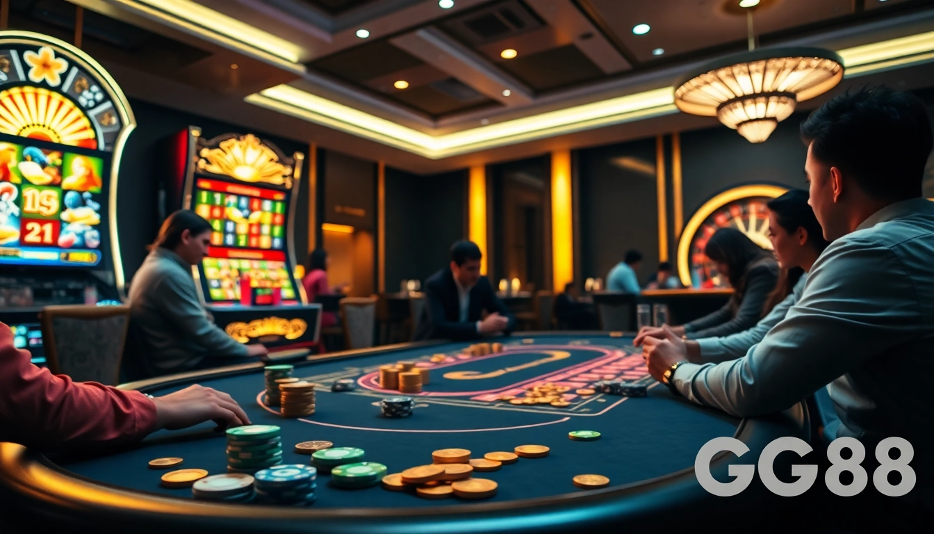 Players enjoying high-stakes poker at GG88 casino, surrounded by vibrant gaming elements.