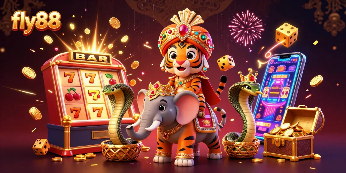 Fly88 captivates with vibrant 3D casino experience featuring a royal tiger, elephant, and exciting game symbols.