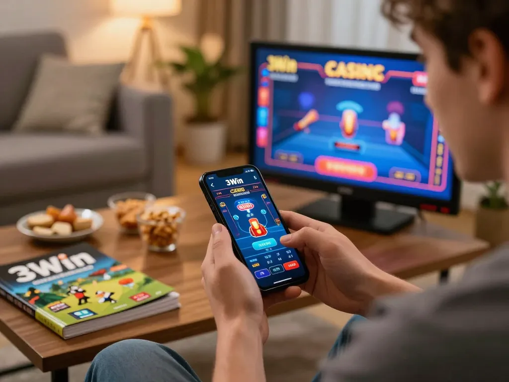 3Win player engaging with live casino games on smartphone in a cozy setting.