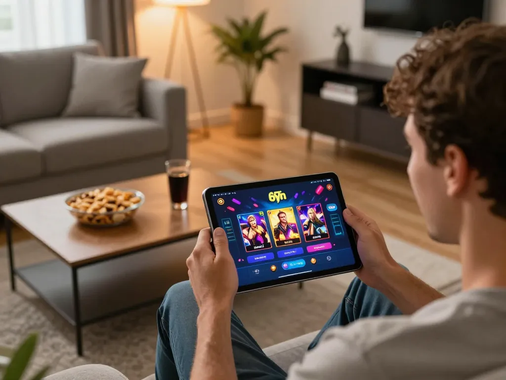 Engaged player enjoying the 69vn casino app on a tablet in a cozy home setting