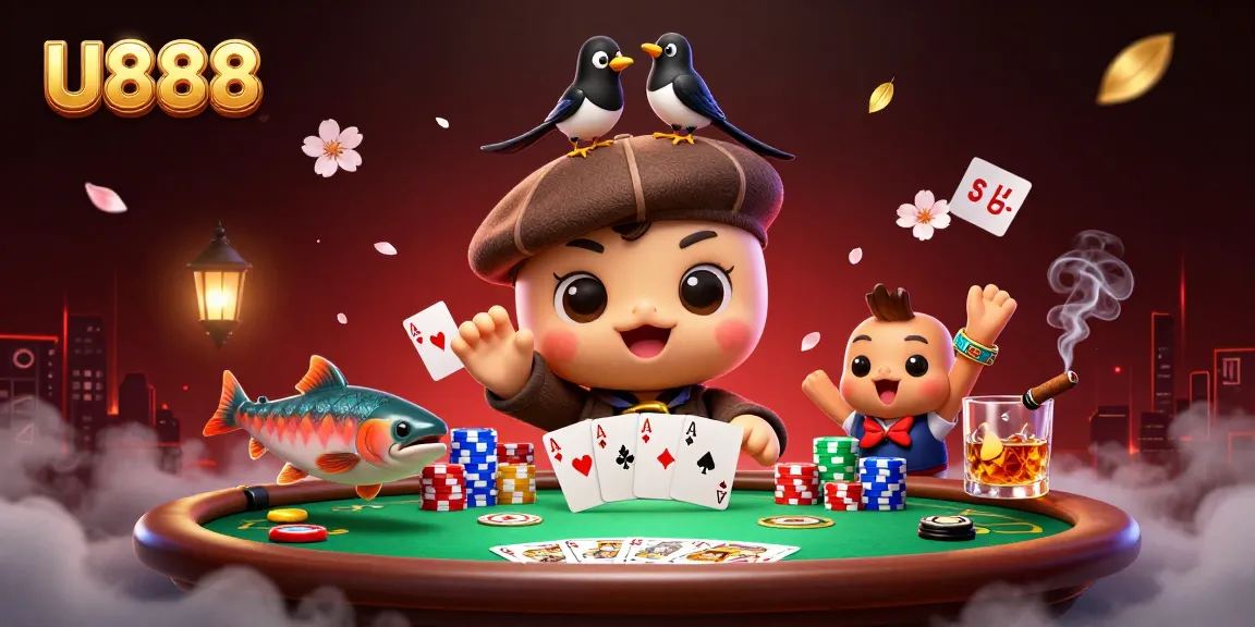Join U888 for a thrilling poker adventure with Nessie and friends amid vibrant casino elements.
