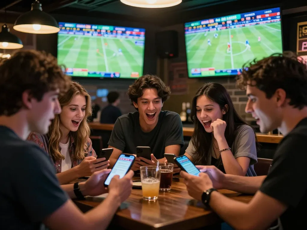 Engaged friends experiencing ผลบอลวันนี้ during a lively sports betting night, with mobile apps visible and excitement palpable.