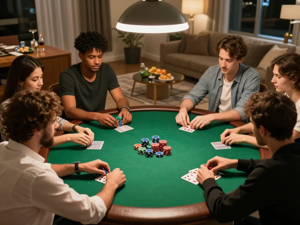 SC88 players strategizing during an exciting home poker night with cards and chips visible.