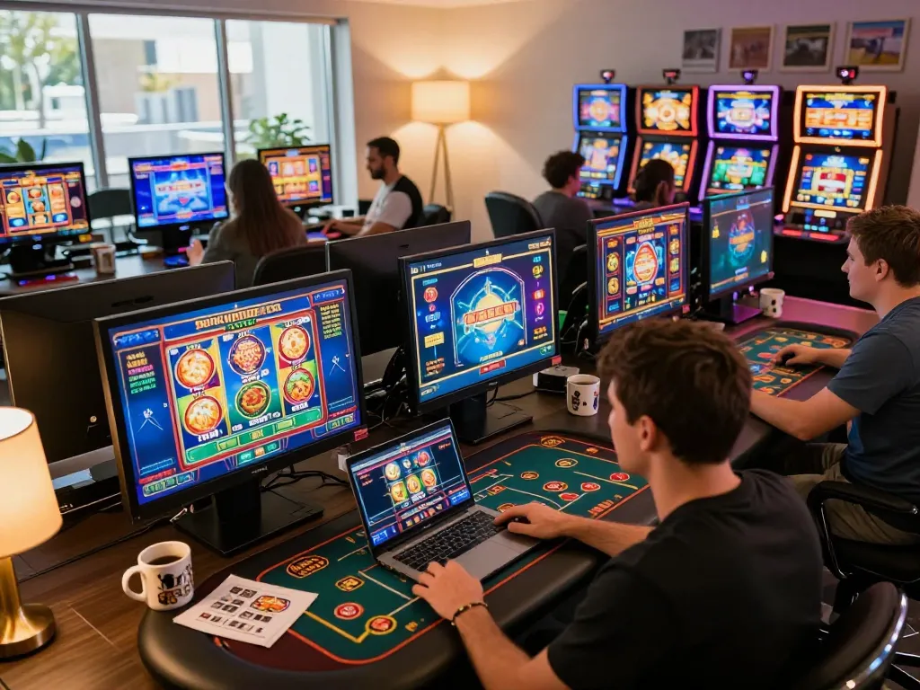 NOHU90 players enjoy engaging gameplay on laptops with colorful slot screens in a cozy online setting