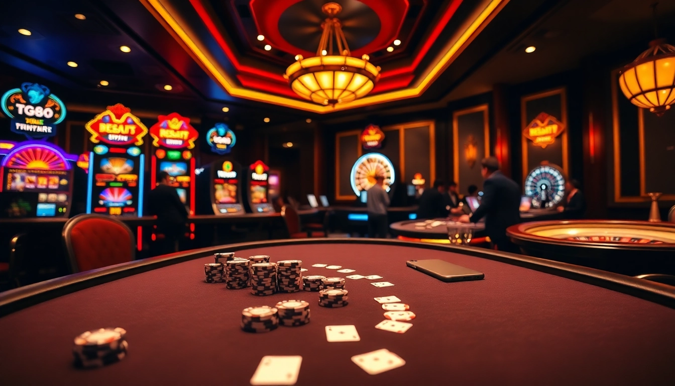 Engaging scene of players at a TG88 casino table with vibrant lights and thrilling betting action.