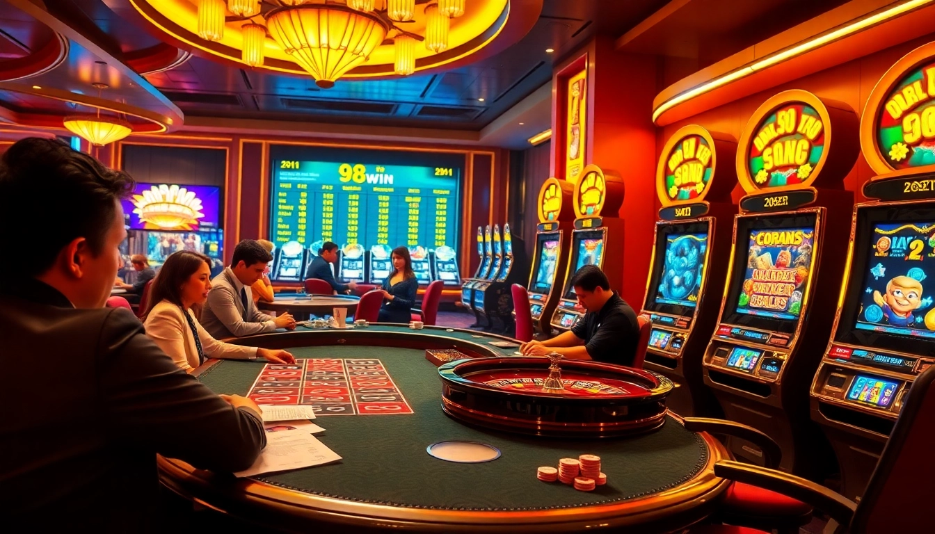 Engage in thrilling casino action at 98win with poker chips and a roulette wheel for the ultimate gaming experience.