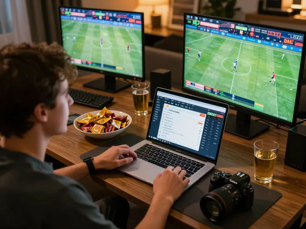 Engaged sports bettor using DEBET app during live match with multiple screens in atmospheric home setting