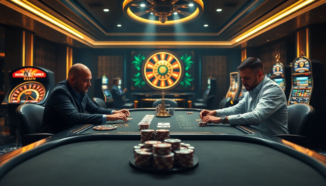 Experience the thrill of high-stakes gambling at https://f168.win/ with a luxurious poker game setting.