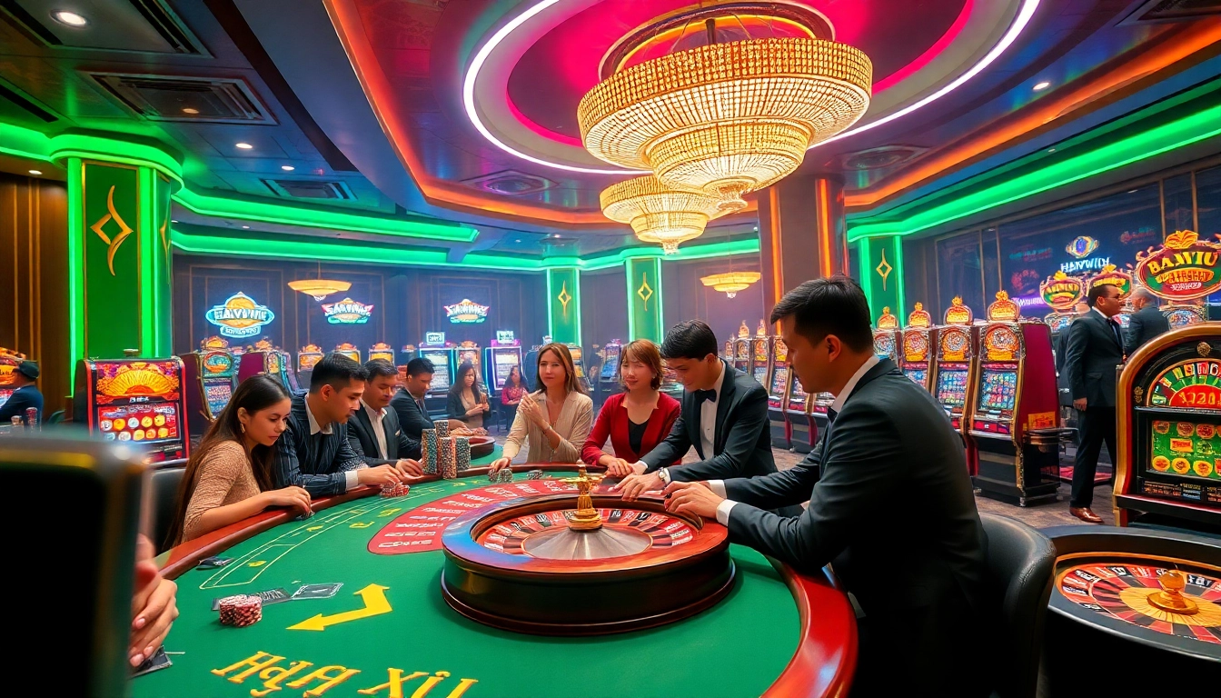 Haywin casino players thriving at a vibrant Tài Xỉu table, surrounded by roulette and slot machines.