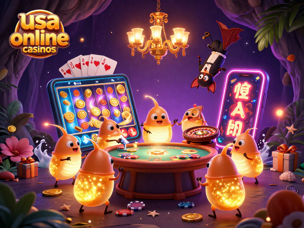 Experience vibrant usa online casinos with glowworms lighting a cave casino and animated game elements.