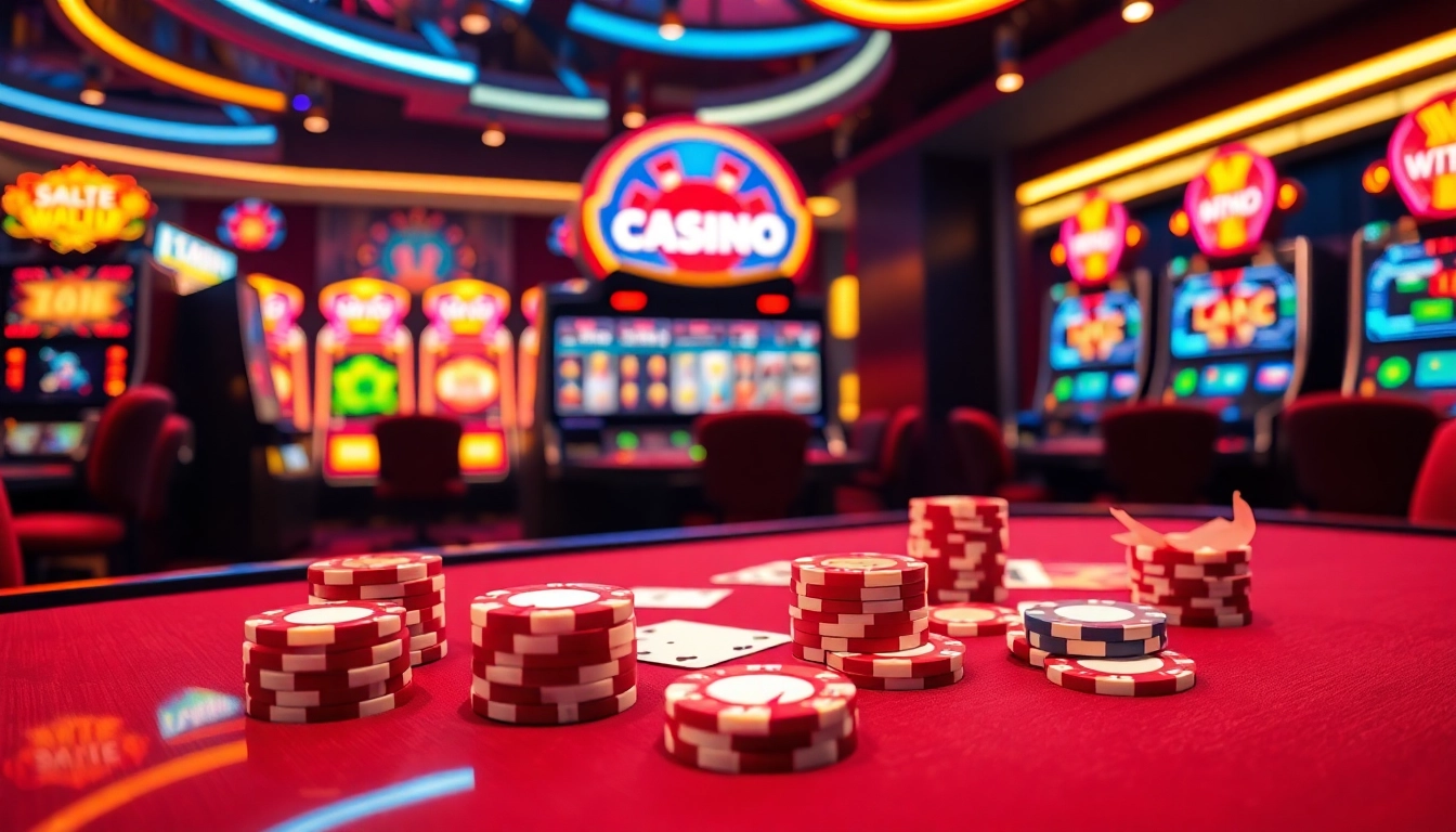 Experience excitement at MMOO's high-stakes gambling table featuring vibrant poker chips and slot machines.