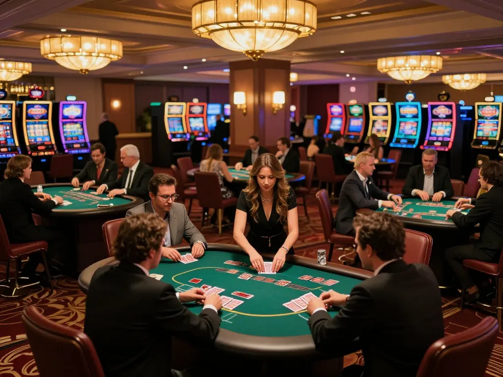 Fly88 players engaged in intense poker gameplay at an upscale casino, showcasing excitement and strategy.