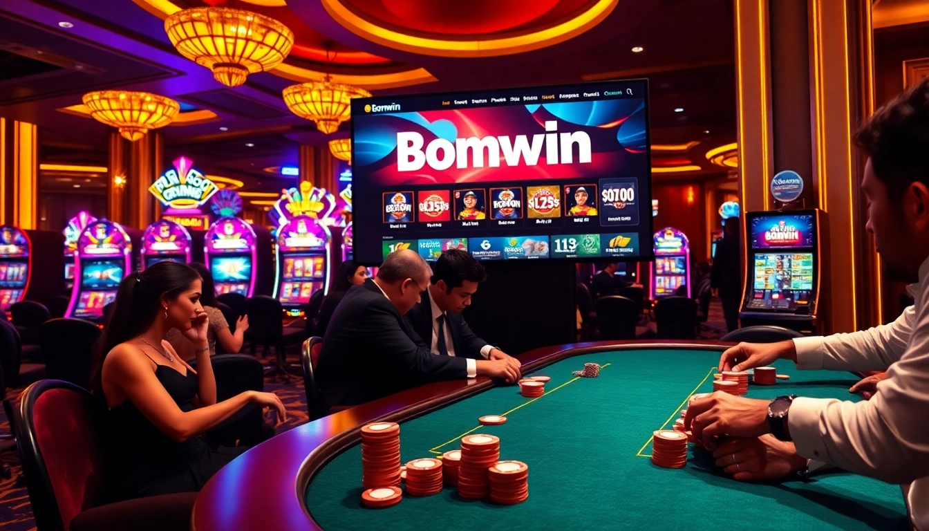 Bomwin players strategizing at a luxurious poker table in a vibrant casino.