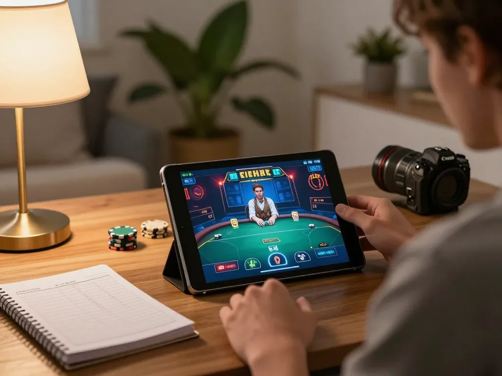 Person playing poker on a tablet, showcasing win68 with vibrant gaming interface.