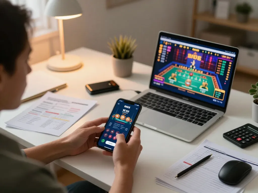 Using the 8EEE app for online betting in a cozy home office setup, promoting strategic gambling.