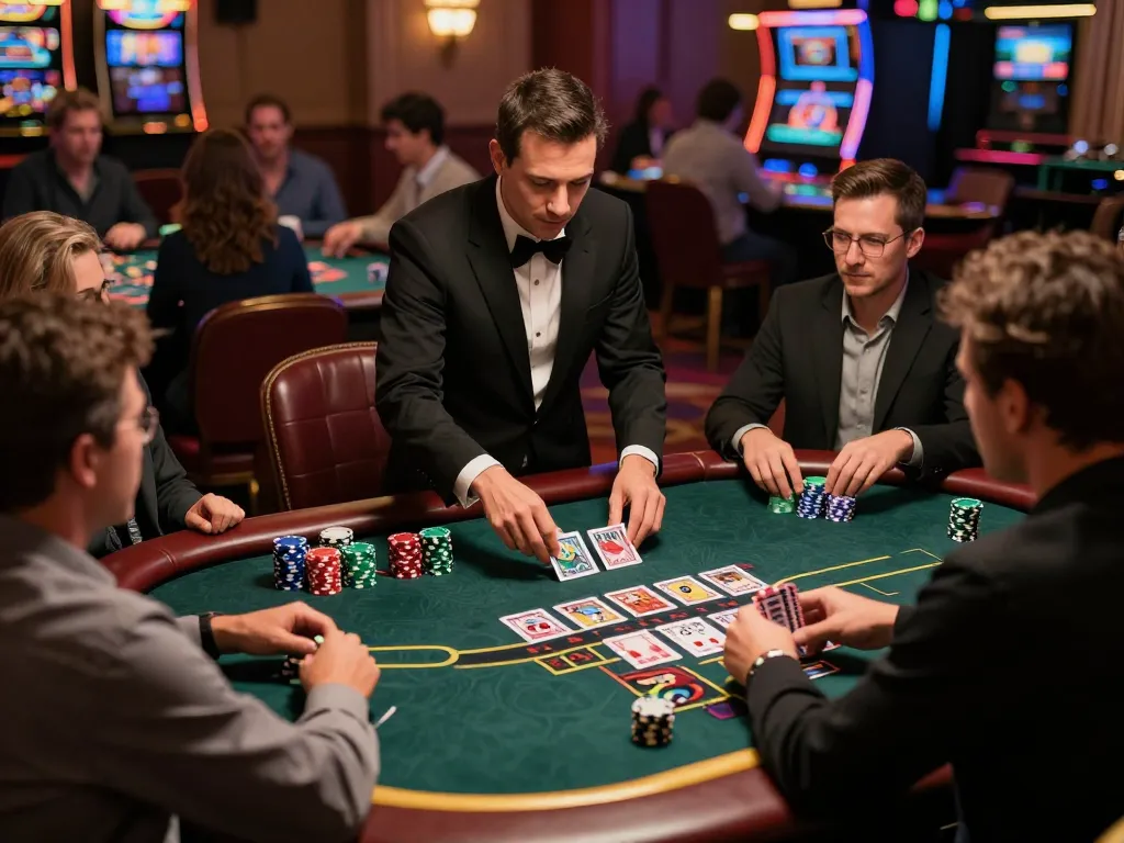 Players engage in an exciting blackjack game at Win138, showcasing intense betting action and vibrant chips.