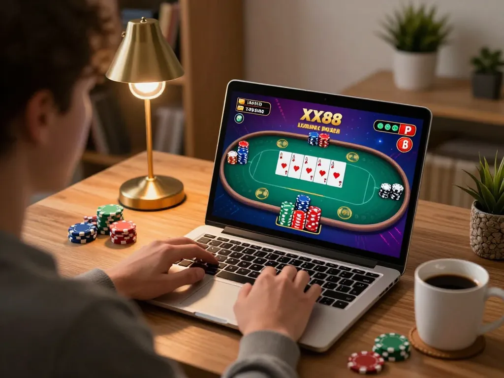 Player enjoying a poker game on XX88 online casino, showcasing strategic gaming setup.