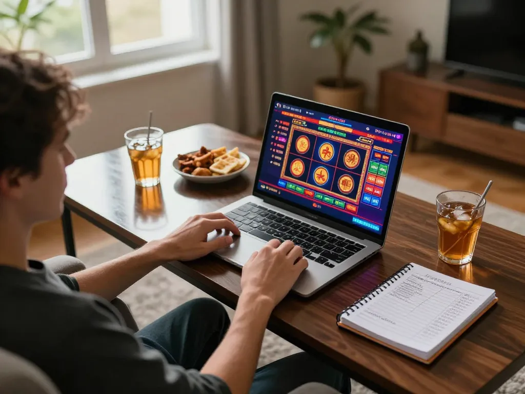 Person engaged in online gaming at home using nhacaiuytinn, surrounded by snacks and strategy notes.