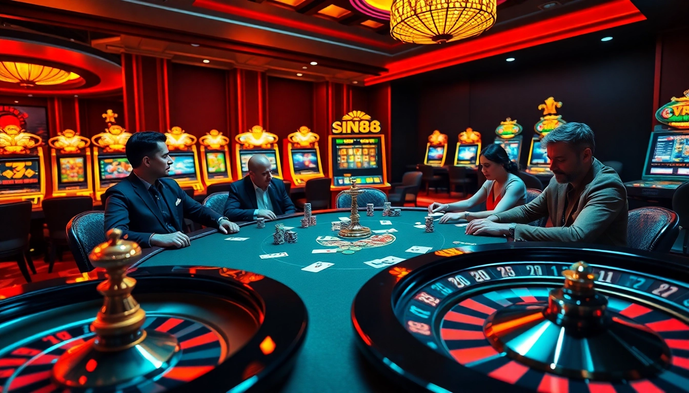 SIN88 players enjoying a high-stakes poker game with colorful chips and cards at a luxurious casino table.