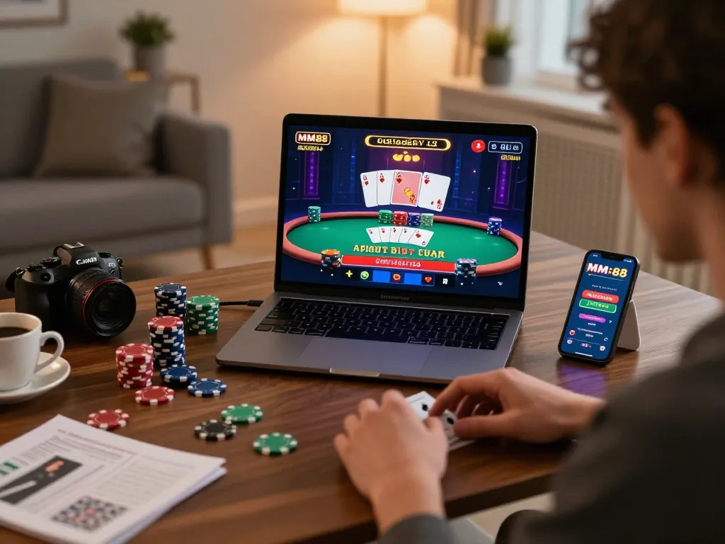 Player engaging in live dealer blackjack at MM88 online casino on laptop with strategy notes visible.
