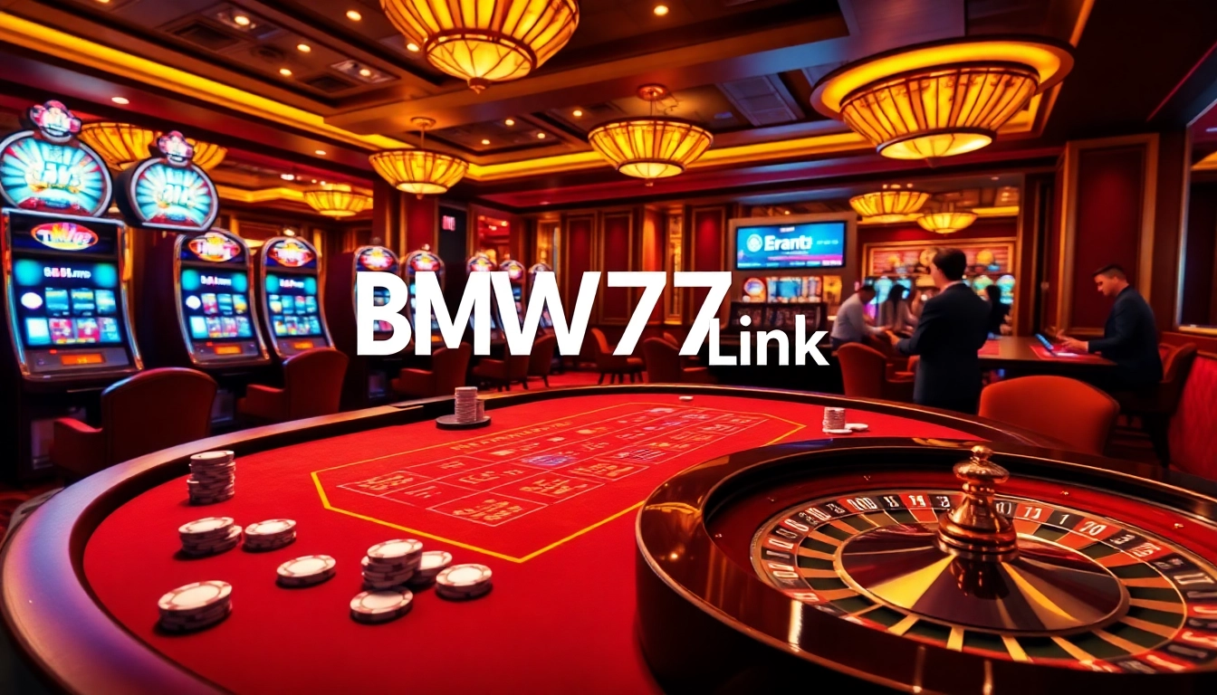 Bmw777 Link displayed prominently at a luxurious casino with players engaged in games and lively slot machines.