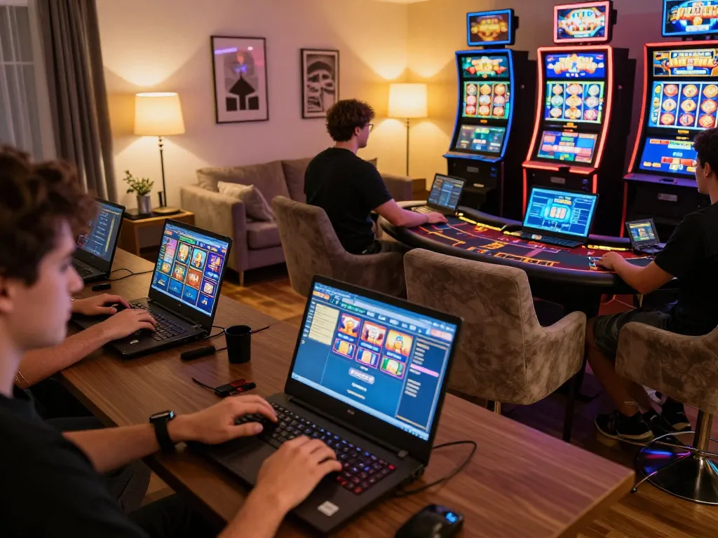 Players enjoying luck8 online casino games on laptops, showcasing vibrant graphics and a cozy atmosphere.