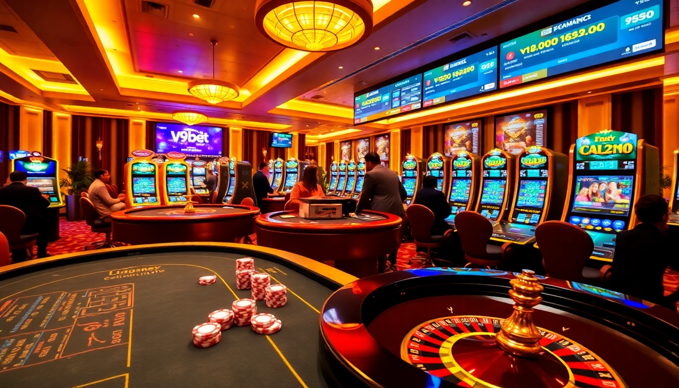 Experience the excitement of V9bet with vibrant casino visuals featuring betting tables and slot machines.