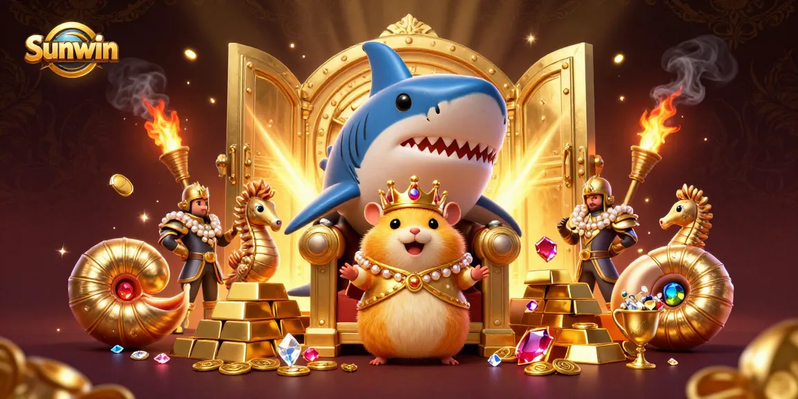 Experience Sunwin's thrilling gaming environment with vibrant treasures and a royal hamster king.