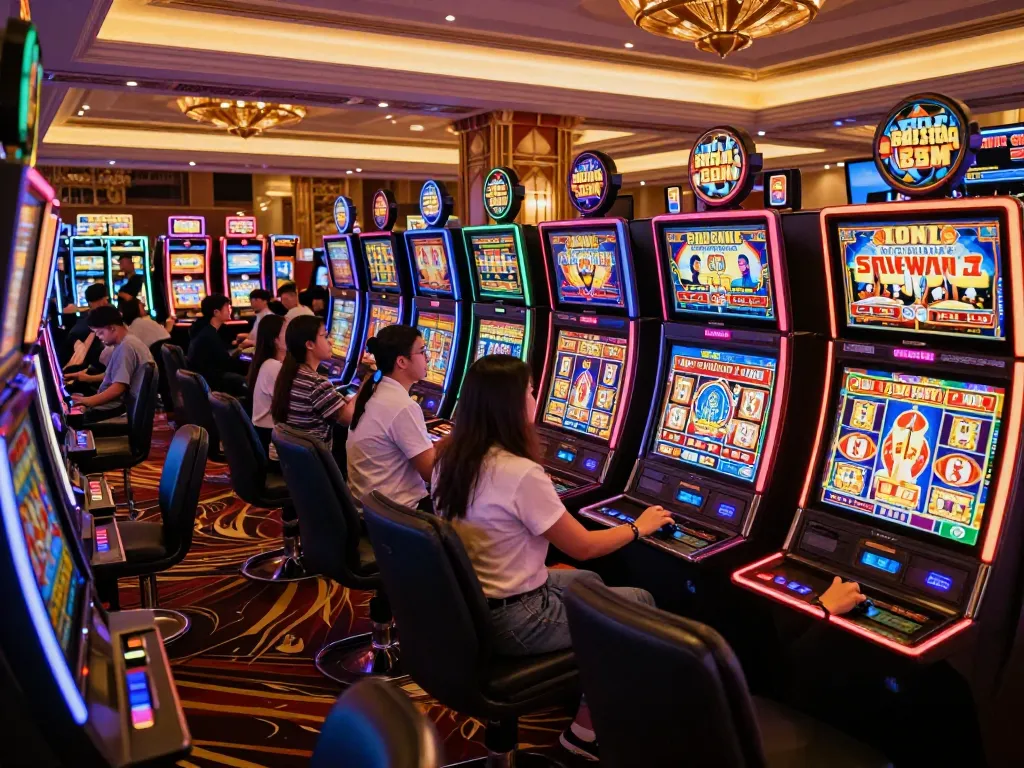 Engaged players enjoying Slot Malaysia games on vibrant casino floor with colorful neon lights.