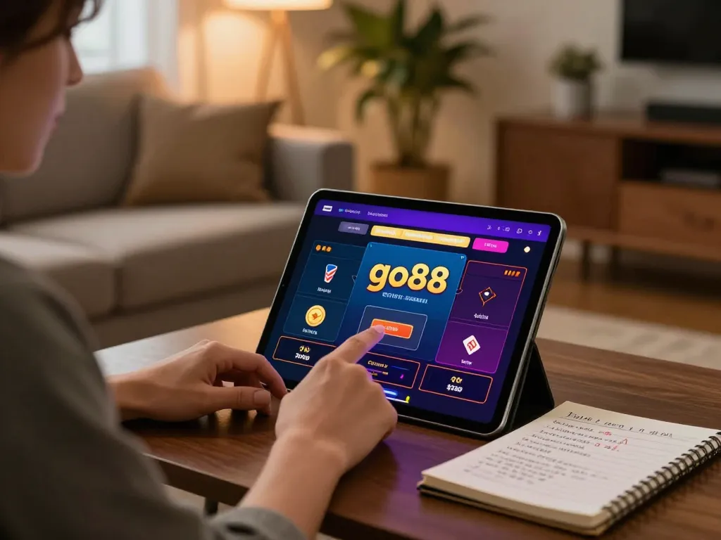Engaging with the go88 app on a tablet in a cozy home, showcasing strategic gaming.