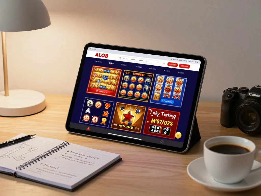 Engaging online gaming scene at ALO8, showcasing tablet with diverse casino options and cozy atmosphere.