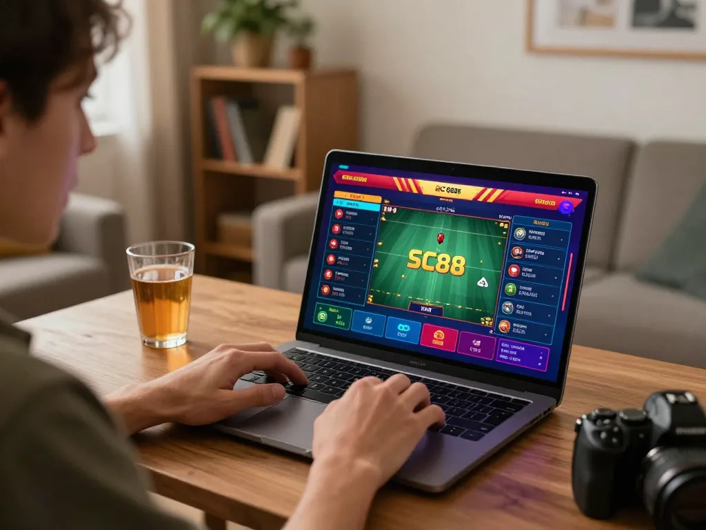 Engaged player exploring SC88 online betting options at home with laptop and betting interface.