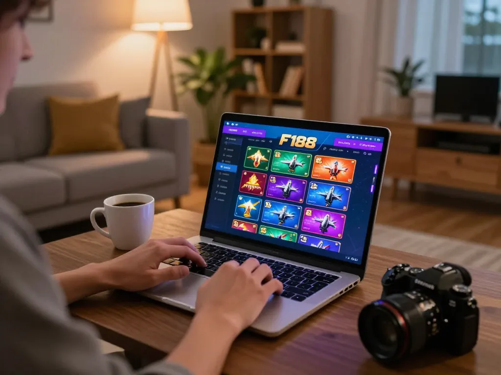 Engaging with F168 on laptop, showcasing online casino experience in a cozy home setting.