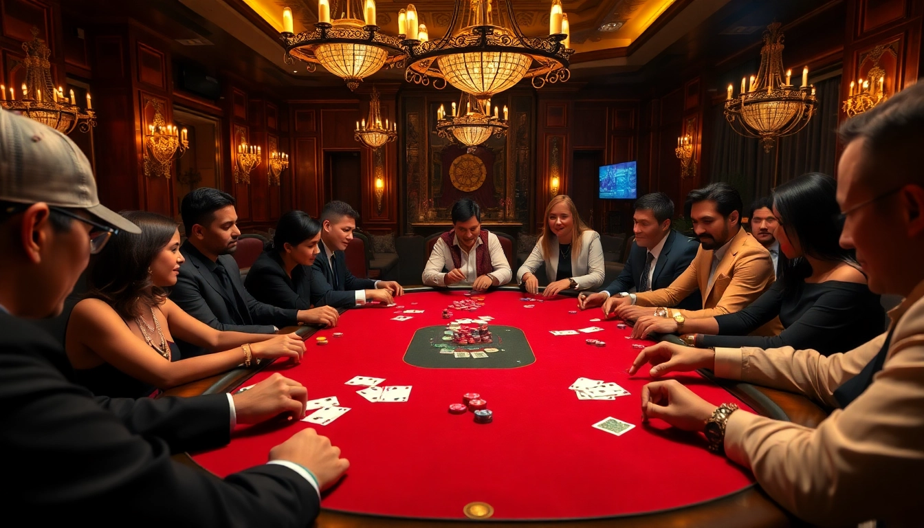 Players enjoying a high-stakes game of Luck8 at an elegant casino poker table.