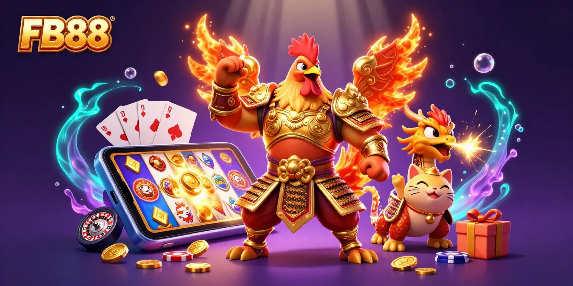 FB88's thrilling slot game experience with a rooster warrior and dragon hatchling amidst festive casino elements.