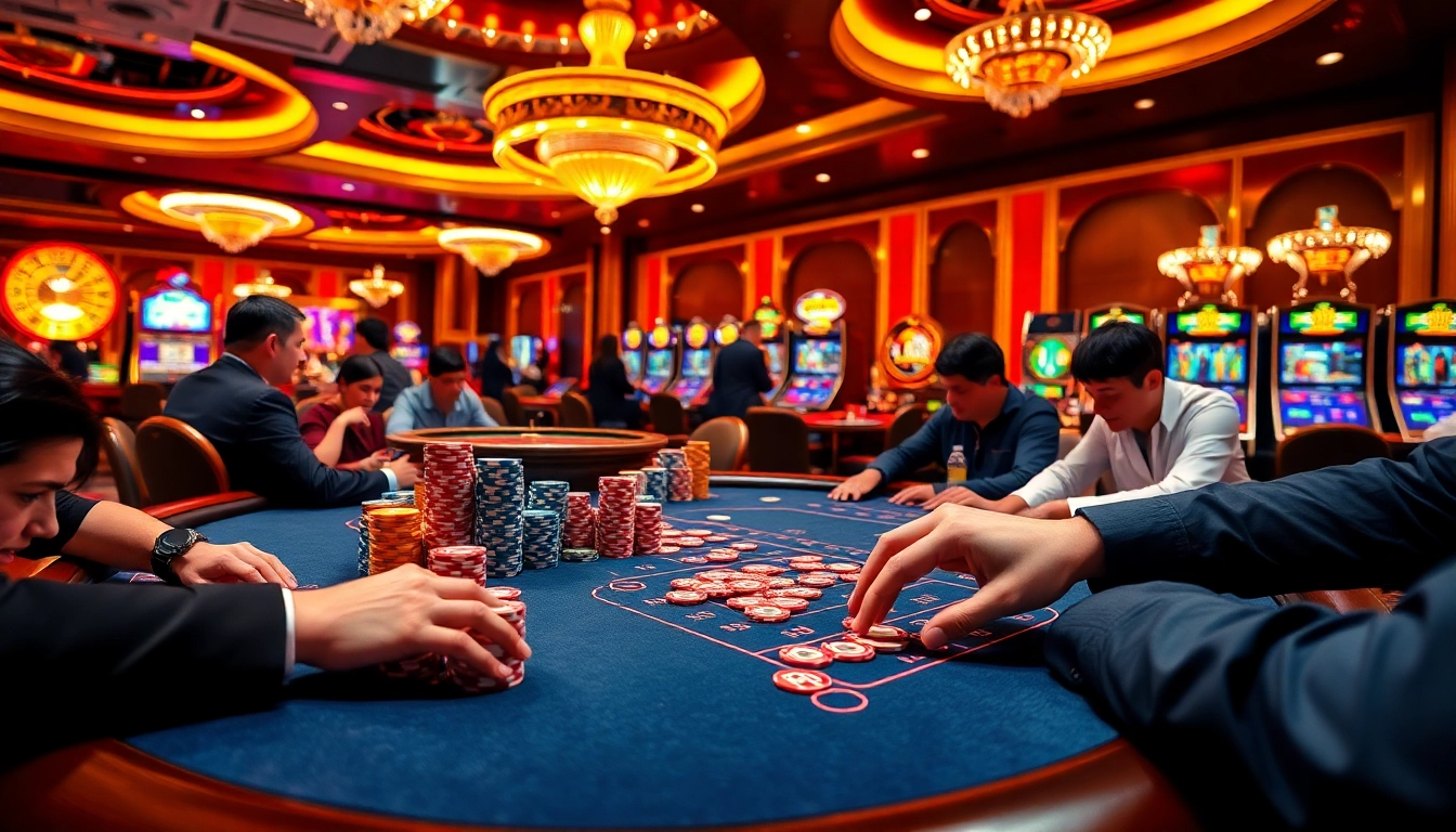 Engaging poker game at a sunwin casino table with vibrant chips and warm lighting.