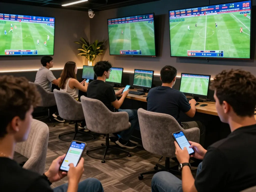 Exciting moment at Tylekeonhacai88 sports betting lounge with live match displays and active bettors.