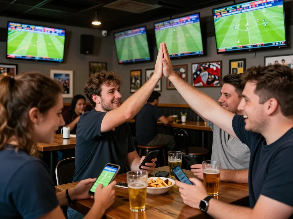 Sports fans engaging in betting activities at keonhacaii88 sports bar, enjoying live matches.