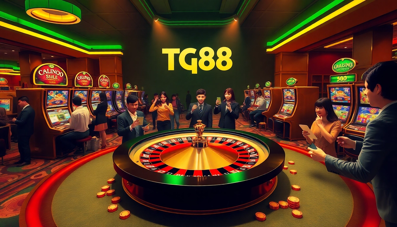 TG88 Casino scene showcasing excited gamblers at roulette and slot machines, capturing the thrill of winning.