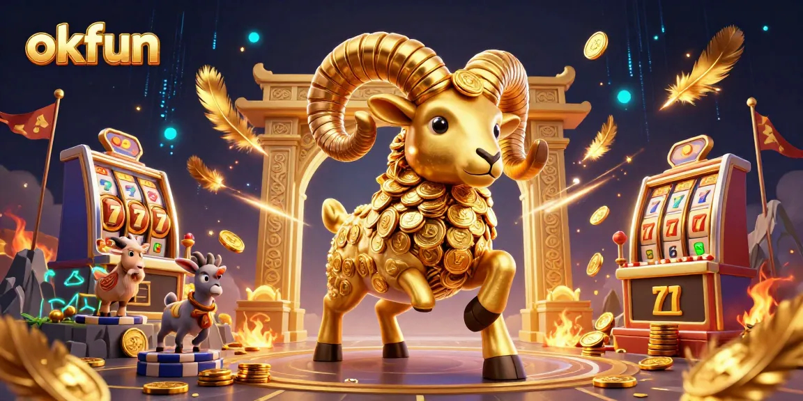 Engage with okfun casino excitement featuring a dynamic 3D golden ram charging through a vibrant gaming scene.