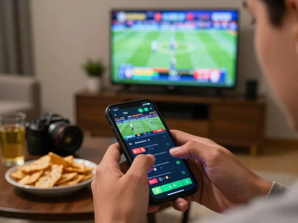 Player betting on nhà cái jun88 app during an exciting sports game in a cozy living room.