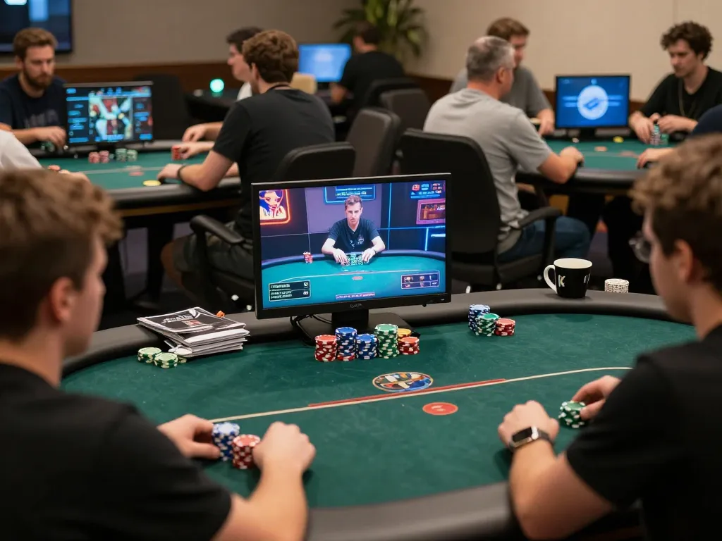 Playing poker online with 68win, showing a professional gaming setup and advanced strategy atmosphere.