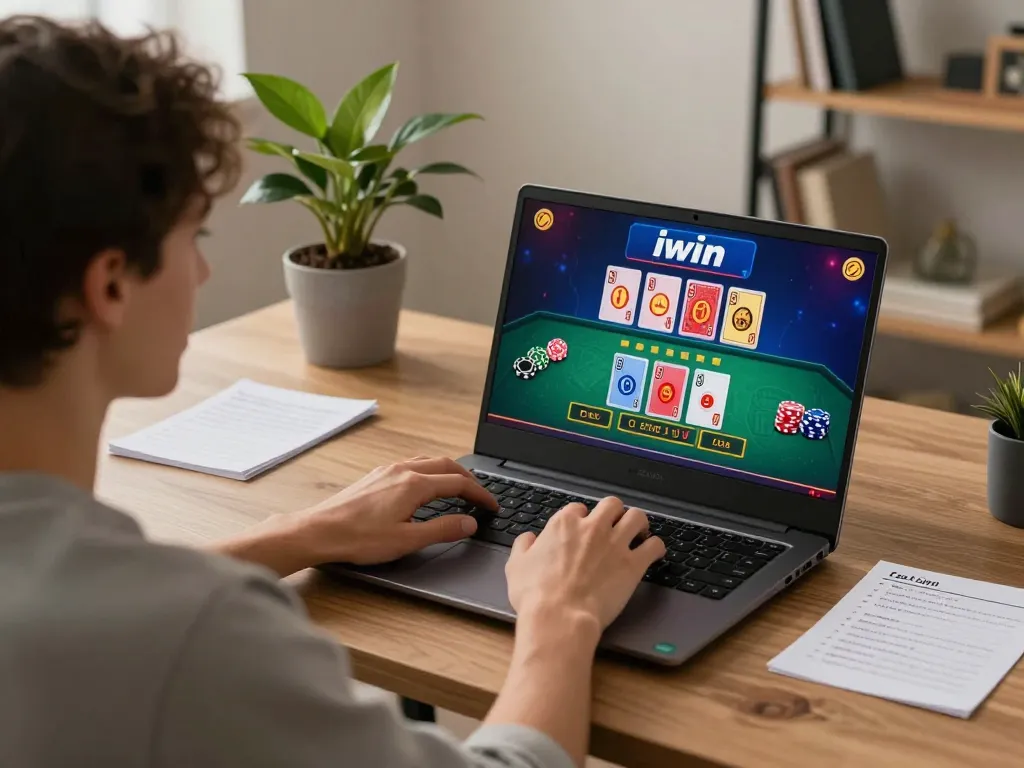 Engaging iwin online casino gaming experience with a player betting at home.