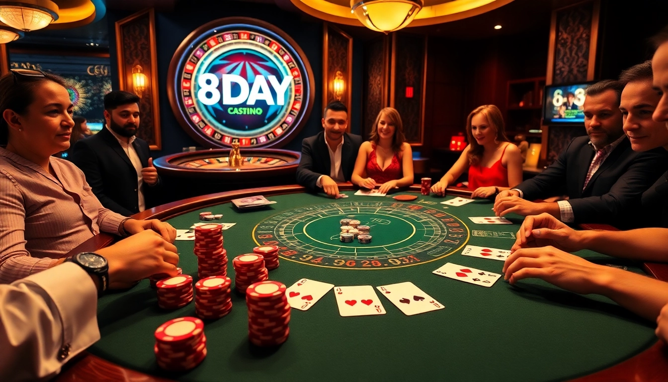 Experience the excitement of gambling at the 8DAY casino with vibrant tables and eager players.