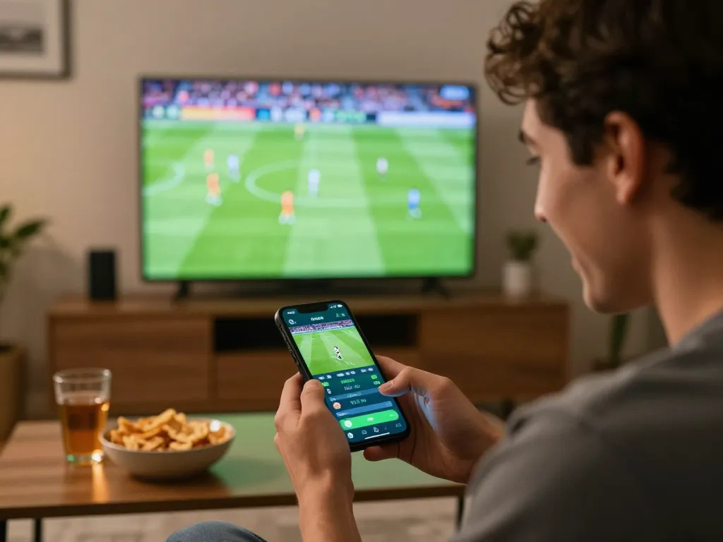 Person placing bets on trang cá cược bóng đá through a smartphone during a live match.
